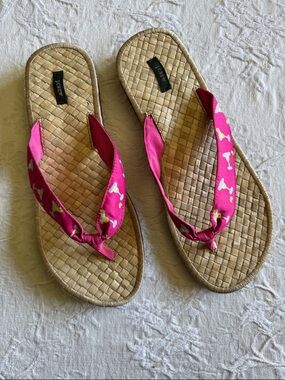 J. Crew Margarita Pink Patterned Fabric Flip Flops Size 10